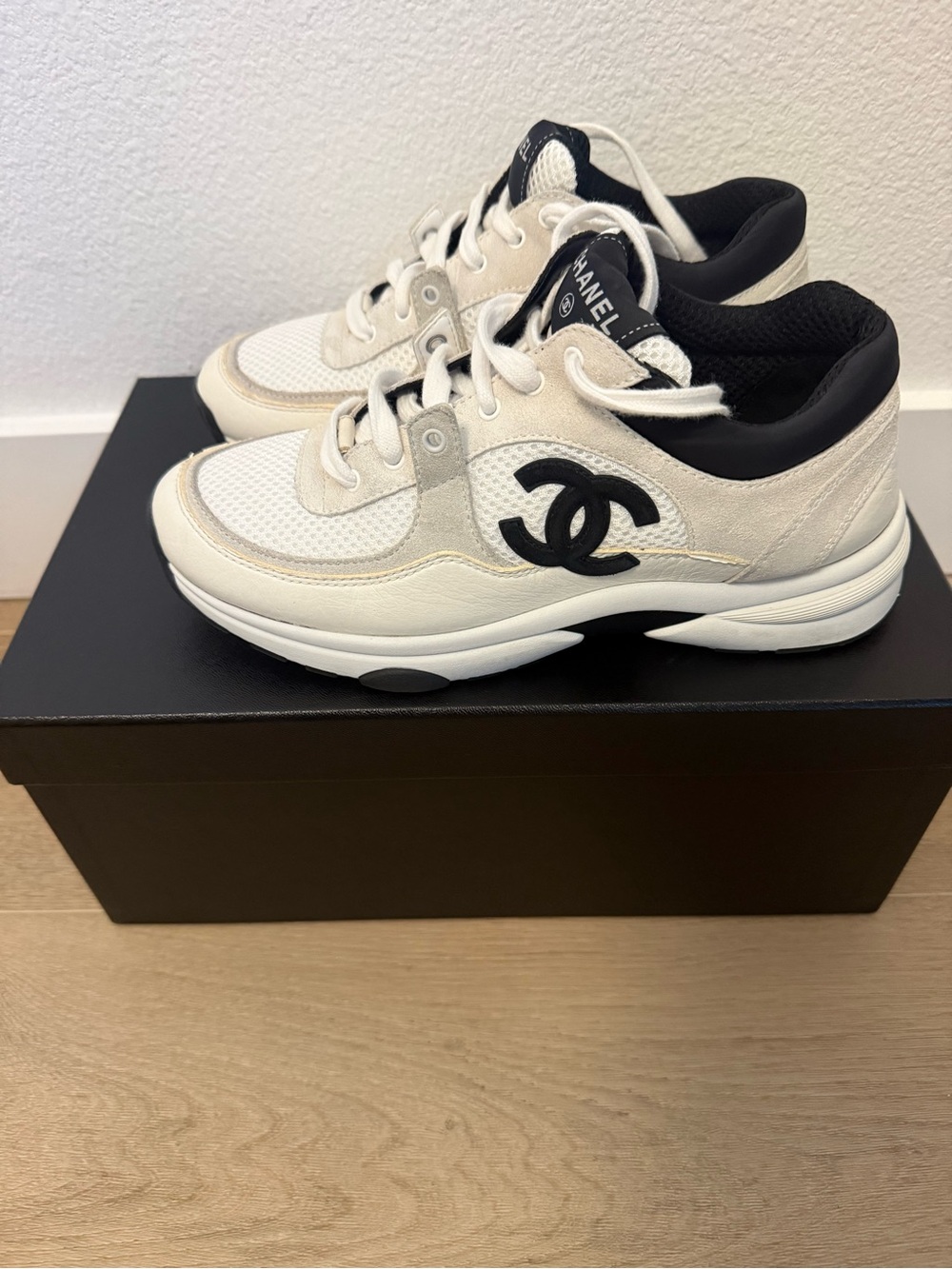 CHANEL Cream and Black CC Logo Sneakers